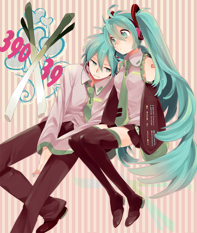 amezawa koma, hatsune miku, hatsune mikuo, vocaloid, bad id, bad pixiv id, 1boy, 1girl, aqua eyes, aqua hair, detached sleeves, genderswap, genderswap (ftm), headphones, headset, legs, long hair, necktie, sitting, skirt, spring onion, thighhighs, twintails, very long hair, zettai ryouiki