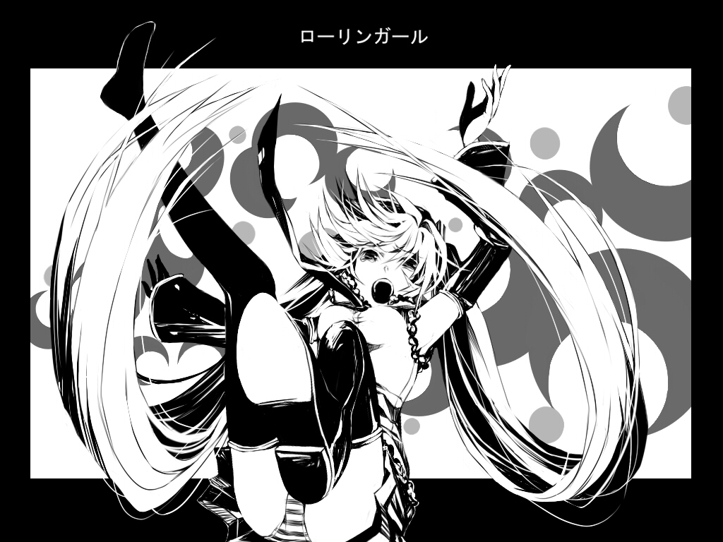 macco, hatsune miku, rolling girl (vocaloid), vocaloid, bad id, bad pixiv id, 1girl, detached sleeves, falling, female focus, greyscale, high contrast, long hair, monochrome, necktie, panties, skirt, solo, striped clothes, striped panties, tears, thighhighs, twintails, underwear, very long hair, zettai ryouiki