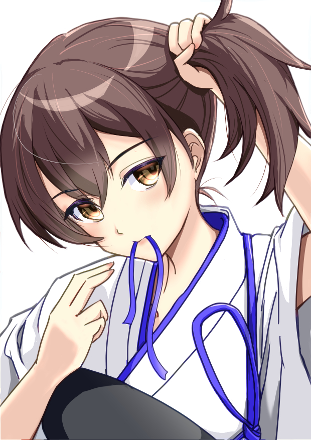 kaga (kancolle), kantai collection, commentary request, 1girl, brown eyes, brown hair, hair ribbon, japanese clothes, looking at viewer, mifuro, mouth hold, muneate, ribbon, ribbon in mouth, short hair, short side ponytail, side ponytail, simple background, solo, tasuki, tying hair, upper body, white background