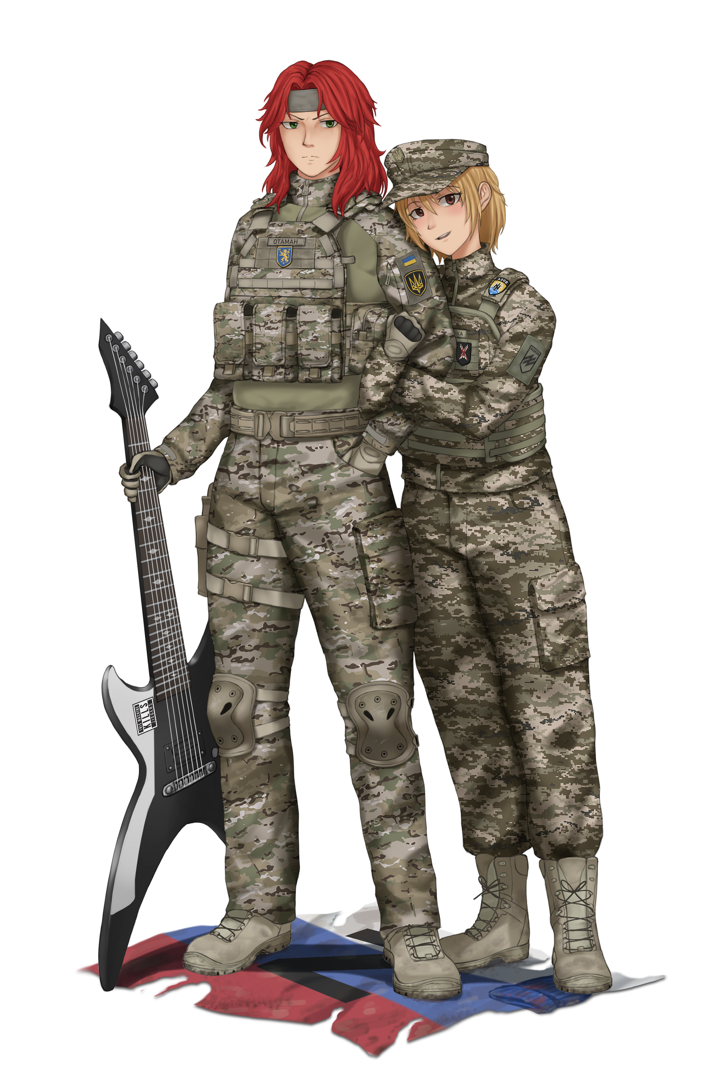 grzegorz1996, kenneth del duca, marichka, a song of ice and fire, death (band), game of thrones, original, absurdres, commission, commissioner upload, highres, non-web source, 1boy, 1girl, arm hug, azov battalion, beanie, blonde hair, blue hat, boots, brown eyes, camouflage, camouflage jacket, camouflage pants, cargo pants, couple, digital camouflage, electric guitar, flag patch, galician division, green eyes, guitar, hairband, hand in pocket, hat, hetero, holding, holding guitar, holding instrument, holster, instrument, jacket, knee pads, load bearing vest, long hair, military, open mouth, pants, red hair, rubizh regiment, russian flag, russo-ukrainian war, serious, smile, tactical gloves, thigh holster, transparent background, tryzub, uar-15, ukrainian flag, z (russian symbol)