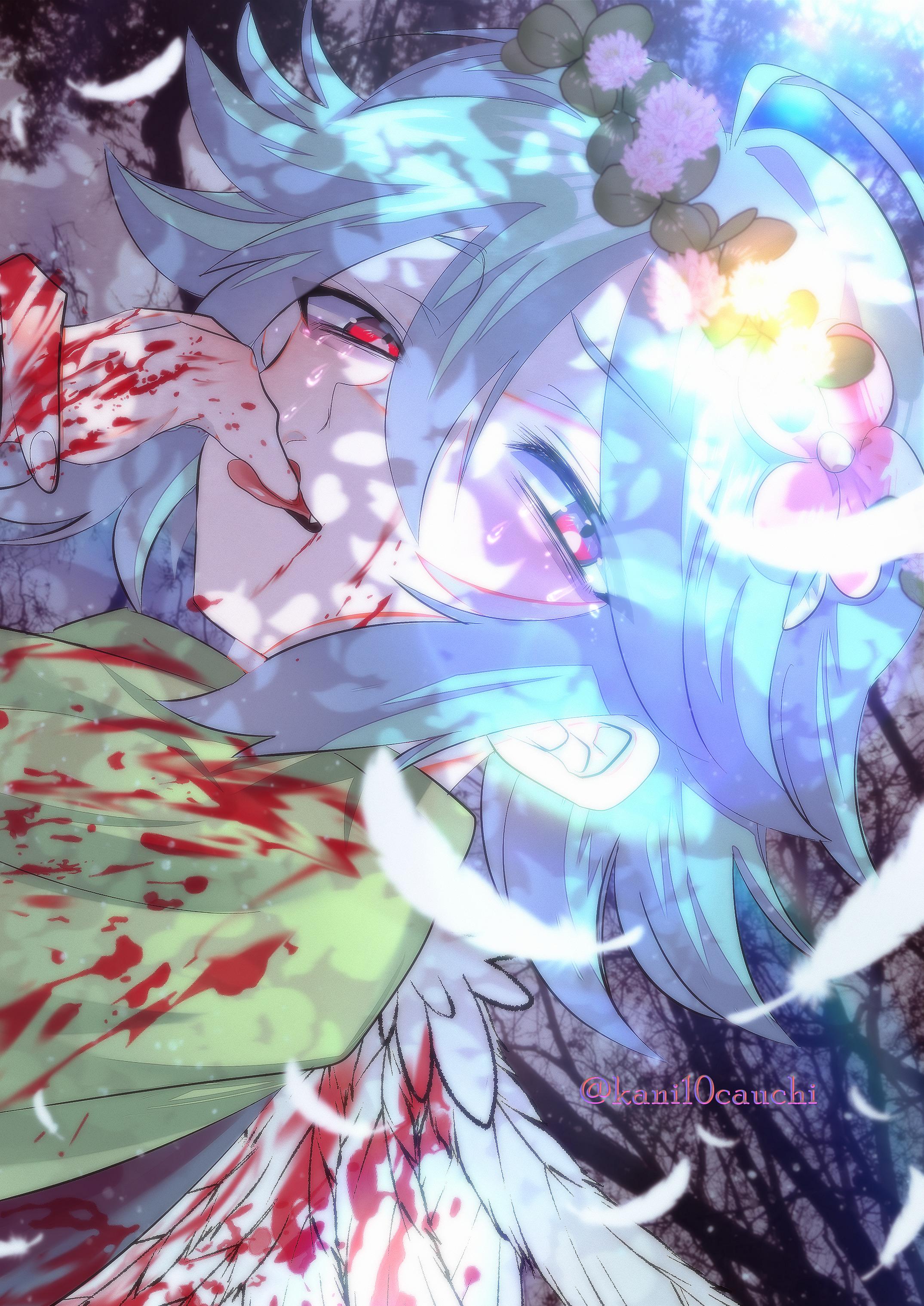 kauchi (kani10cauchi), basil (headspace) (omori), basil (omori), omori, absurdres, commentary request, highres, 1boy, alternate eye color, angel wings, blood, blood on clothes, blood on face, blood on hands, colored skin, double-parted bangs, fang, flower, flower wreath, green hair, green shirt, hair between eyes, head wreath, looking at viewer, male focus, open mouth, red eyes, shirt, short hair, sidelocks, solo, t-shirt, tongue, tongue out, twitter username, white skin, wings
