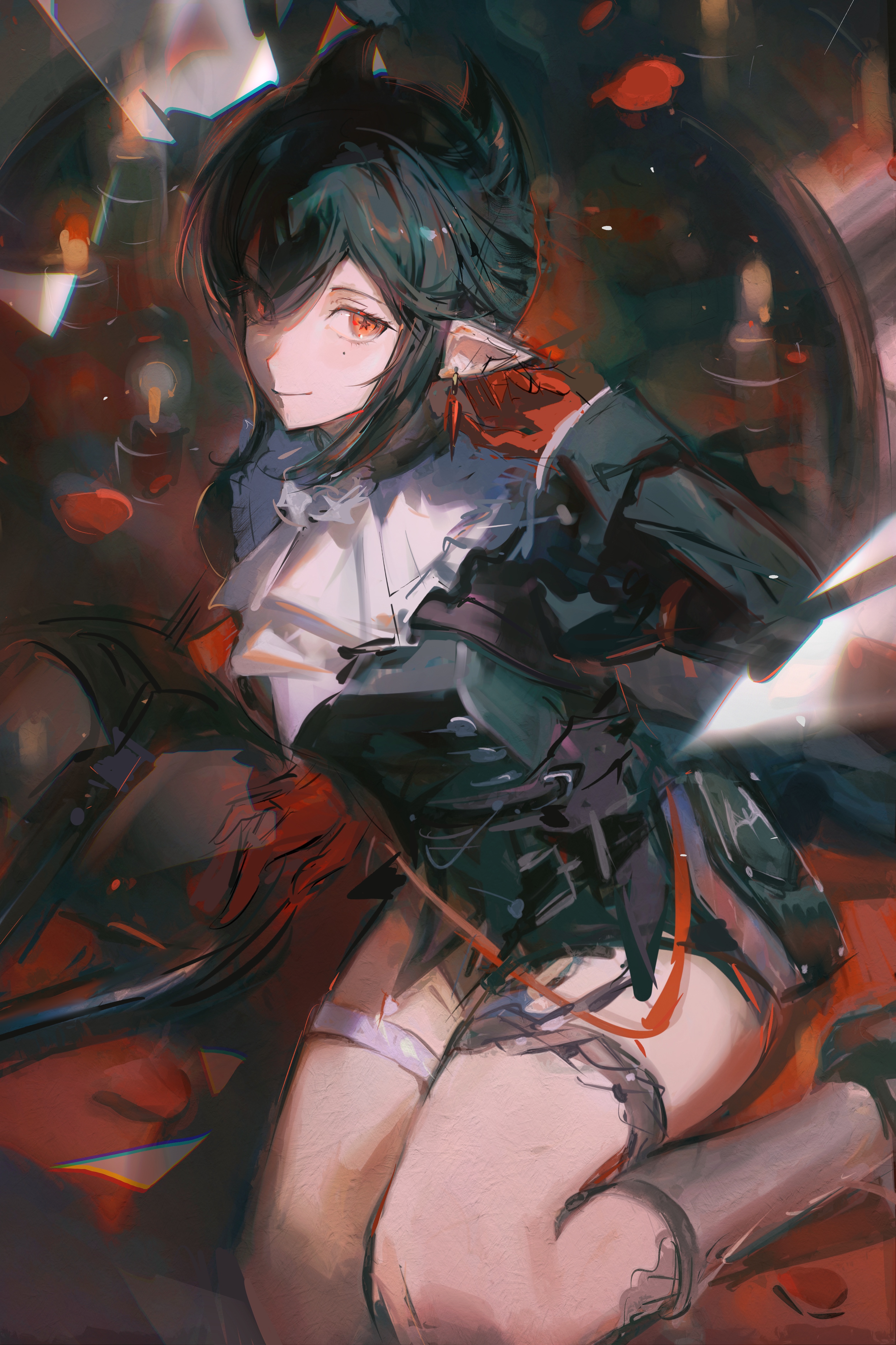 entelechia (arknights), arknights, absurdres, chinese commentary, commentary request, highres, 1girl, adjusting earrings, arm support, ascot, belt, black belt, black dress, black hair, black shoes, double-parted bangs, dress, earrings, gloves, hair between eyes, hand up, jewelry, leaning to the side, long sleeves, looking at viewer, mole, mole under eye, pointy ears, red eyes, red gloves, shoes, short hair, sidelocks, sitting, sleeve cuffs, smile, socks, solo, thigh strap, wangwanghan0723, white ascot, white socks