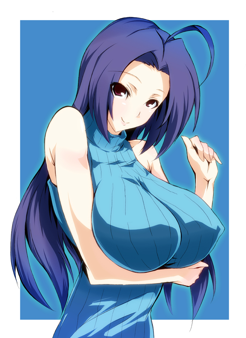 sawa (sawa-house), miura azusa, idolmaster, idolmaster (classic), breast hold, 1girl, ahoge, blue hair, breasts, covered erect nipples, female focus, happy, huge breasts, large breasts, long hair, purple hair, red eyes, smile, solo