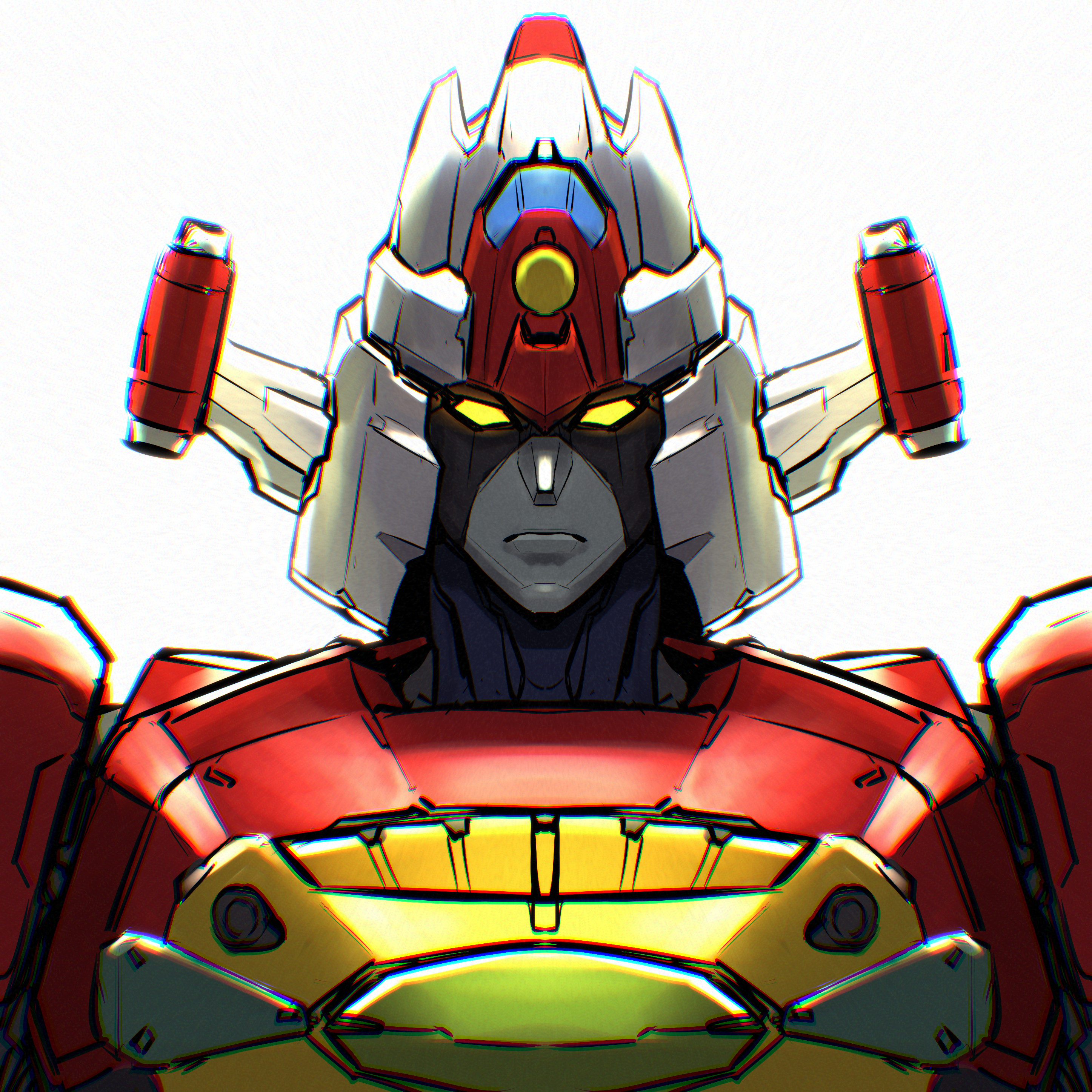 ninnin (shishitou), daimos, toushou daimos, absurdres, highres, closed mouth, looking at viewer, mecha, mecha focus, no humans, robot, science fiction, simple background, solo, straight-on, super robot, upper body, white background, yellow eyes