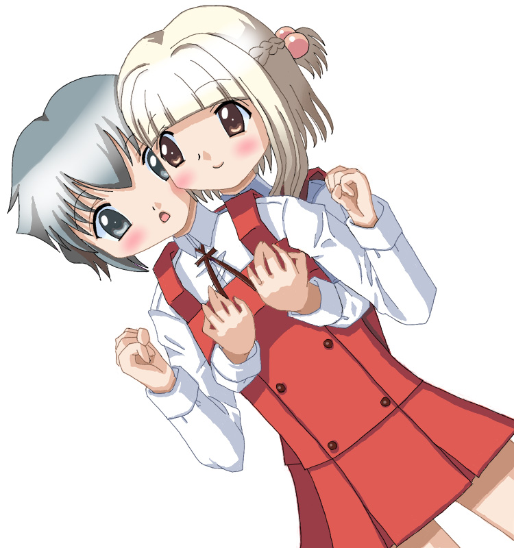 umeboshitora, nazuna (hidamari sketch), nori (hidamari sketch), hidamari sketch, bad id, bad pixiv id, 2girls, groping, half updo, multiple girls, school uniform, yamabuki high school uniform, yuri