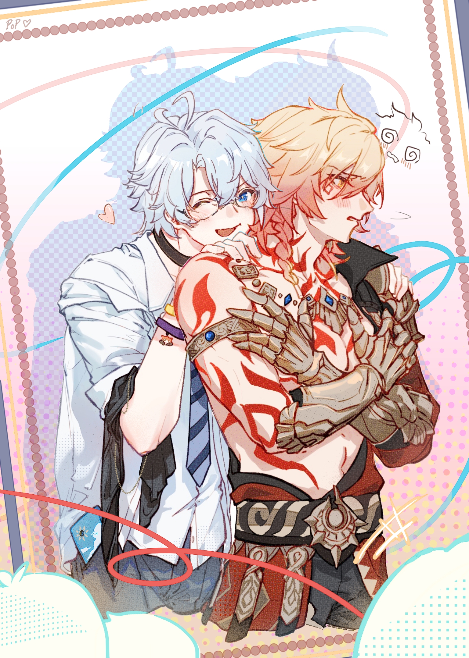 mydei (honkai: star rail), phainon (honkai: star rail), honkai: star rail, honkai (series), chinese commentary, commentary request, highres, 2boys, alternate costume, antenna hair, arm tattoo, armlet, black choker, black coat, black pants, blonde hair, blue eyes, braid, chest tattoo, choker, chrysos heirs school uniform, clawed gauntlets, coat, collared shirt, covering body, earrings, embarrassed, ezi6570766, facial tattoo, glasses, gold earrings, gold necklace, gradient hair, hands on another's shoulders, jewelry, male focus, medium hair, multicolored hair, multiple boys, necklace, necktie, one eye closed, open clothes, open coat, pants, parted bangs, phone in pocket, purple necktie, red hair, red tattoo, school uniform, shirt, short hair, side braid, striped clothes, striped necktie, tattoo, white hair, white shirt, yellow eyes