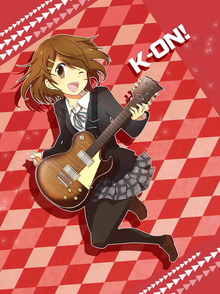 matsyumaro, hirasawa yui, k-on!, bad id, bad pixiv id, 1girl, brown eyes, brown hair, checkered background, female focus, full body, guitar, instrument, legs, one eye closed, pantyhose, plaid clothes, plaid skirt, school uniform, short hair, skirt, solo, wink