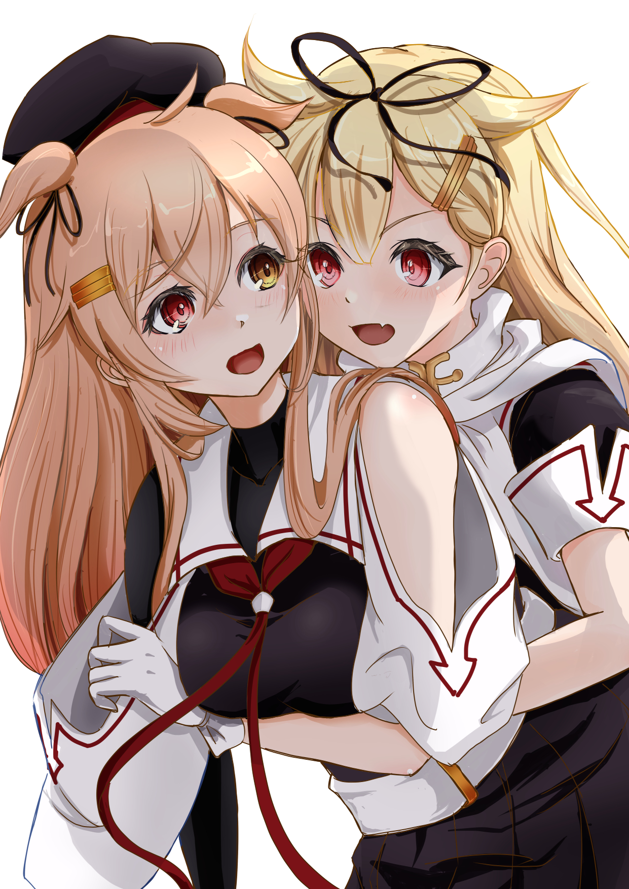 murasame (kancolle), murasame kai ni (kancolle), yuudachi (kancolle), yuudachi kai ni (kancolle), kantai collection, commentary request, highres, 2girls, beret, black hat, black ribbon, black serafuku, blonde hair, breasts, brown eyes, gloves, hair between eyes, hair flaps, hair ornament, hair ribbon, hairclip, hat, heterochromia, large breasts, long hair, mifuro, multiple girls, red eyes, ribbon, scarf, school uniform, serafuku, simple background, two side up, white background, white gloves, white scarf, yellow eyes