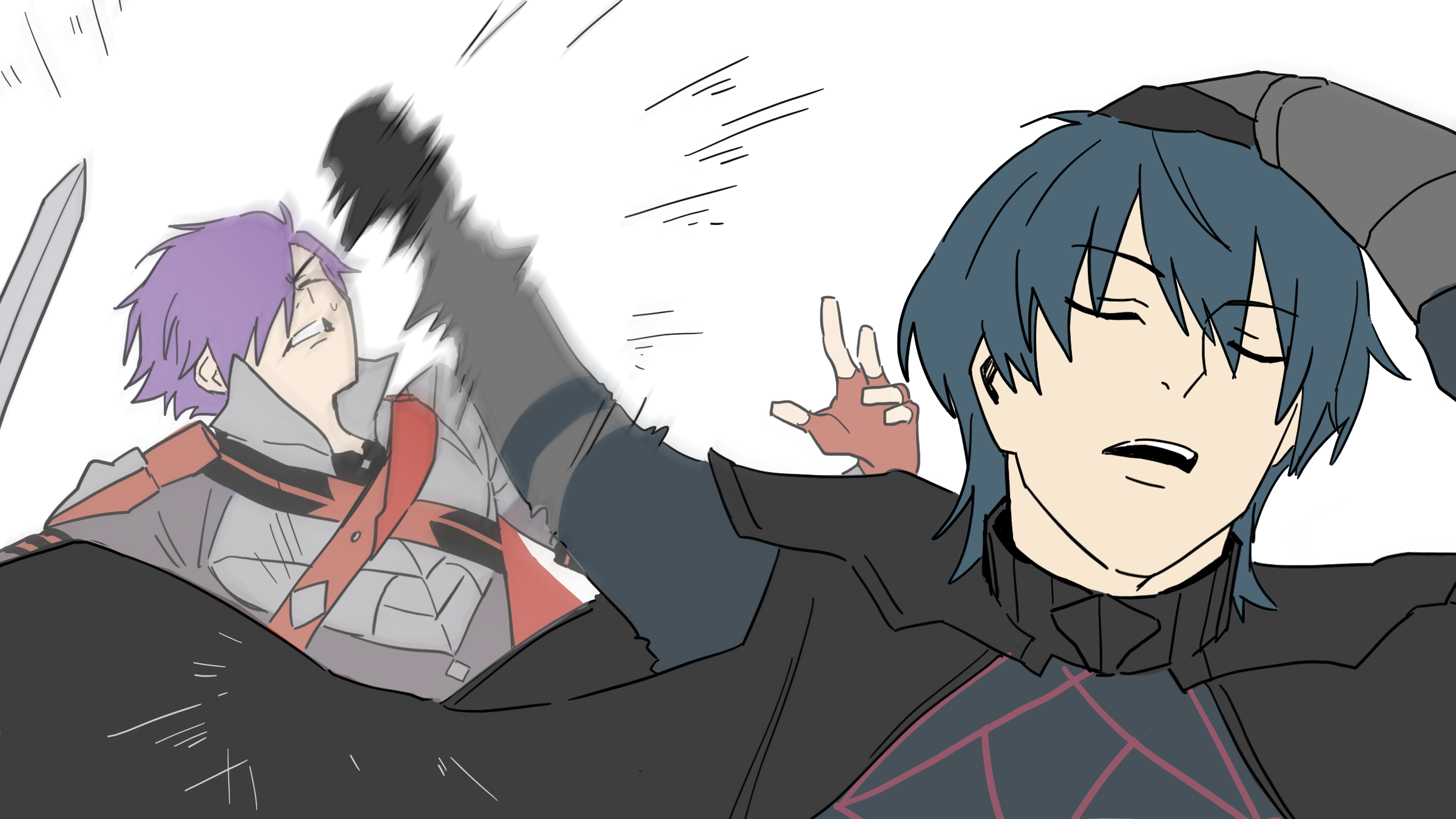 male byleth (fire emblem), male shez (fire emblem), fire emblem, fire emblem: three houses, fire emblem warriors: three hopes, nintendo, commentary request, highres, 2boys, blue hair, closed eyes, hair over one eye, holding, holding sword, holding weapon, male focus, meme, multiple boys, naoya hitting choso without looking (meme), one eye covered, piyotto22, purple hair, short hair, sword, weapon