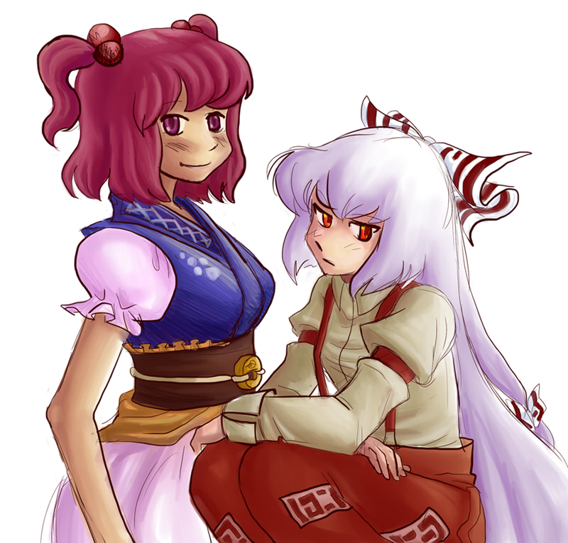 eventuality, fujiwara no mokou, onozuka komachi, touhou, bad id, bad pixiv id, 2girls, annoyed, female focus, hair ribbon, multiple girls, red hair, ribbon, short twintails, simple background, smile, twintails, two side up