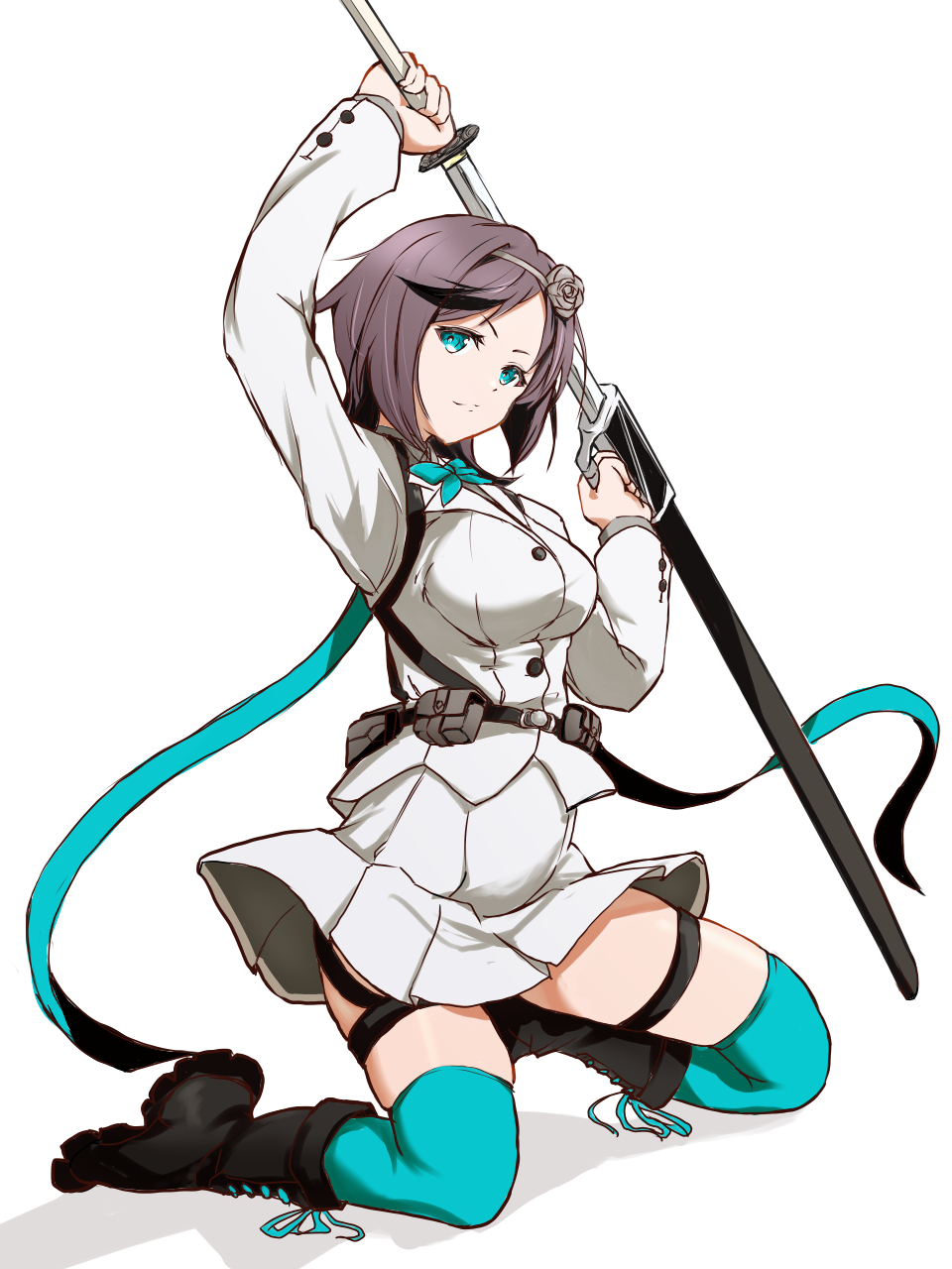 samurai (7th dragon), 7th dragon (series), 7th dragon iii, commentary request, highres, 1girl, aqua bow, aqua bowtie, aqua eyes, aqua thighhighs, black boots, black hair, blazer, boots, bow, bowtie, from side, full body, grey hairband, grey jacket, grey skirt, hairband, jacket, looking at viewer, looking to the side, mifuro, pleated skirt, short hair, simple background, skirt, solo, thighhighs, white background, yaiba (7th dragon iii)