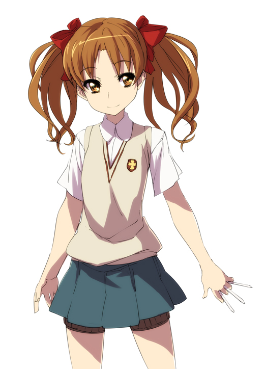 nekomamire, shirai kuroko, toaru kagaku no railgun, toaru majutsu no index, 1girl, between fingers, brown eyes, brown hair, female focus, holding, long hair, school uniform, simple background, solo, sticks, sweater vest, thigh strap