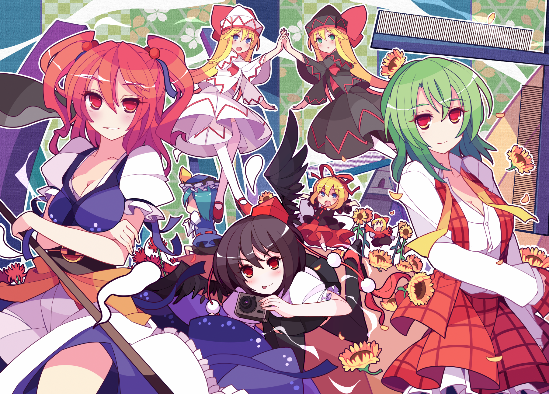 ideolo, kazami yuuka, lily black, lily white, medicine melancholy, onozuka komachi, shameimaru aya, shiki eiki, su-san, phantasmagoria of flower view, touhou, untied, highres, 6+girls, :p, ascot, black wings, blue eyes, breasts, camera, cleavage, comb, dress, dual persona, female focus, flower, green eyes, green hair, hair bobbles, hair ornament, hat, hat ribbon, hitodama, large breasts, multiple girls, plaid clothes, plaid skirt, plaid vest, red eyes, red flower, ribbon, scythe, skirt, skirt set, smile, spider lily, sunflower, tokin hat, tongue, tongue out, vest, wings