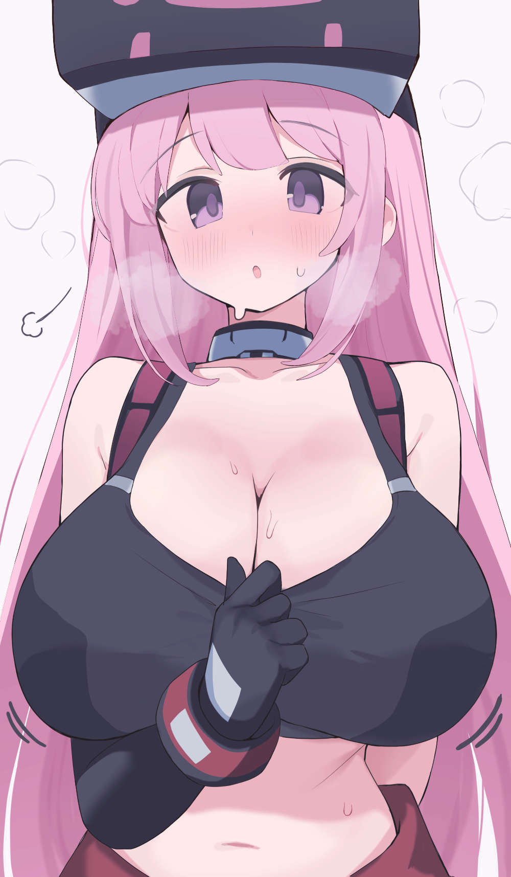 hone kawa, eimi (battlesuit) (blue archive), eimi (blue archive), blue archive, commentary, highres, 1girl, black gloves, black tank top, blush, breasts, cleavage, gloves, huge breasts, long hair, looking at viewer, navel, official alternate costume, open mouth, pink hair, purple eyes, simple background, solo, straight-on, tank top, very long hair, white background