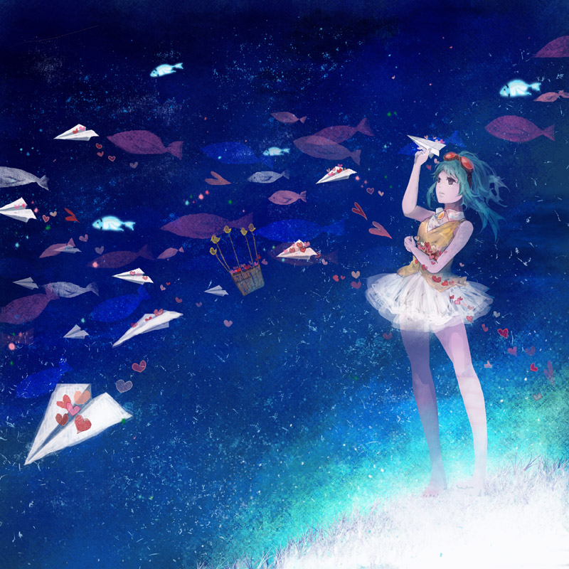 sakuragi kei, gumi, campanella (vocaloid), vocaloid, 1girl, aqua hair, barefoot, blue theme, female focus, fish, goggles, goggles on head, heart, holding, holding paper airplane, legs, paper airplane, skirt, solo, standing, surreal