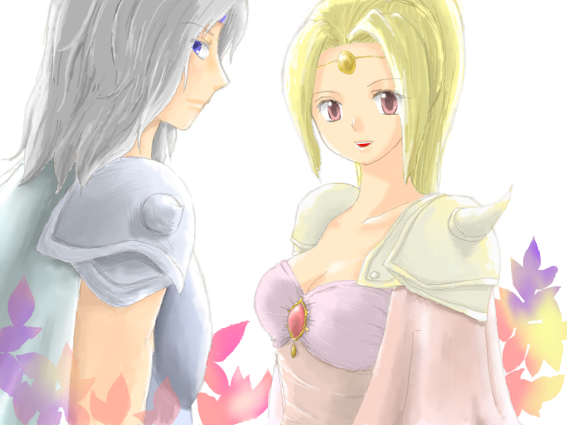 mkn, cecil harvey, rosa farrell, final fantasy, final fantasy iv, 1990s (style), 1boy, 1girl, blonde hair, blue eyes, cape, couple, grey hair, headband, leotard, long hair, pink eyes, shoulder pads, tiara