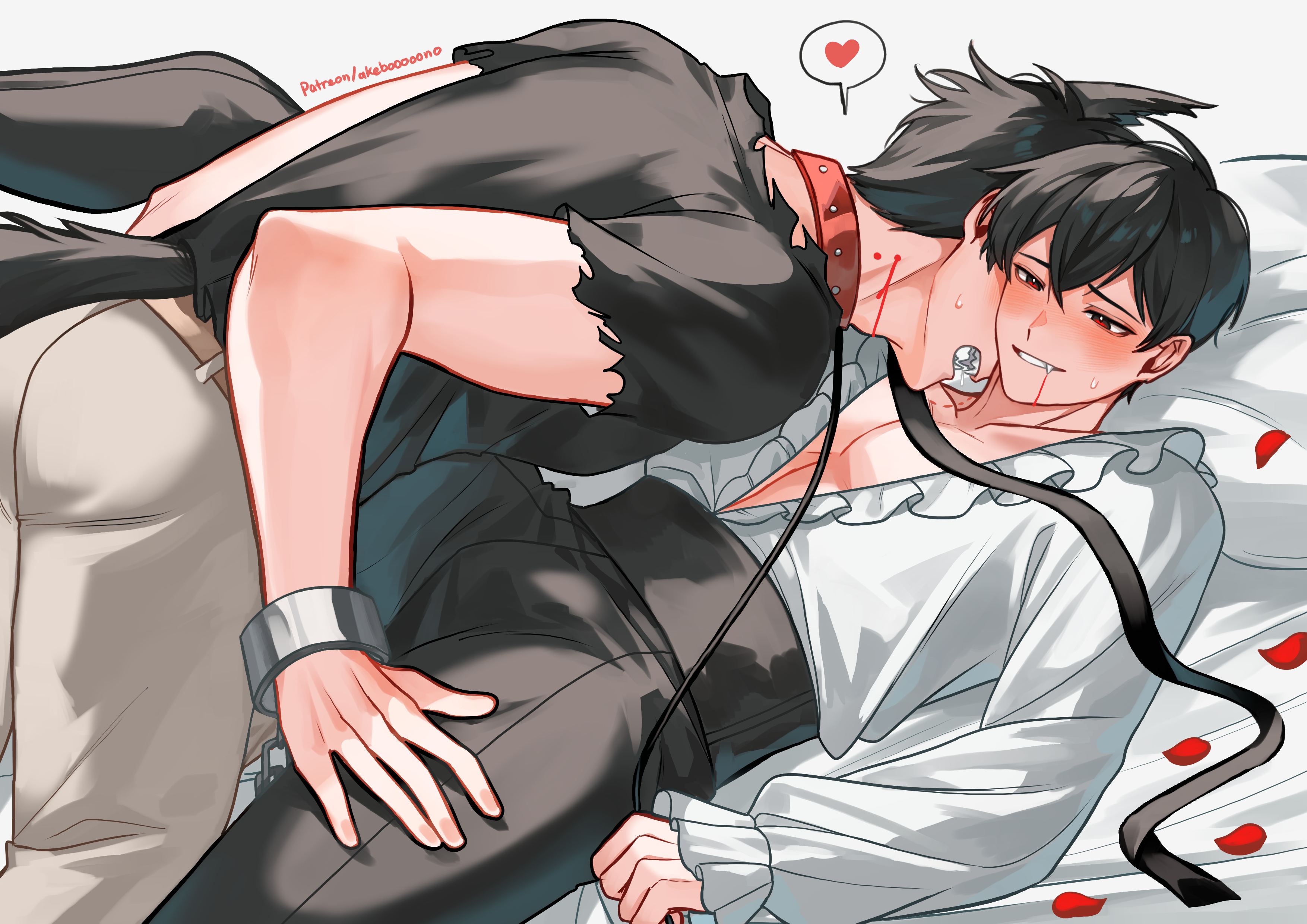 papercider, kim dokja, yoo joonghyuk, omniscient reader's viewpoint, absurdres, commentary, english commentary, highres, 2boys, animal ears, bite mark, bite mark on neck, biting, blood, blood from mouth, blouse, blush, boy on top, bulge, collar, cowboy shot, cuffs, erection, erection under clothes, fangs, grin, hand on another's leg, handcuffs, heart, holding, holding leash, knee up, leash, lying, multiple boys, on back, on bed, pectoral cleavage, pectorals, petals, red eyes, saliva, shirt, shirt tucked in, smile, spoken heart, spread legs, sweat, tail, torn clothes, torn shirt, white shirt, wolf boy, wolf ears, wolf tail