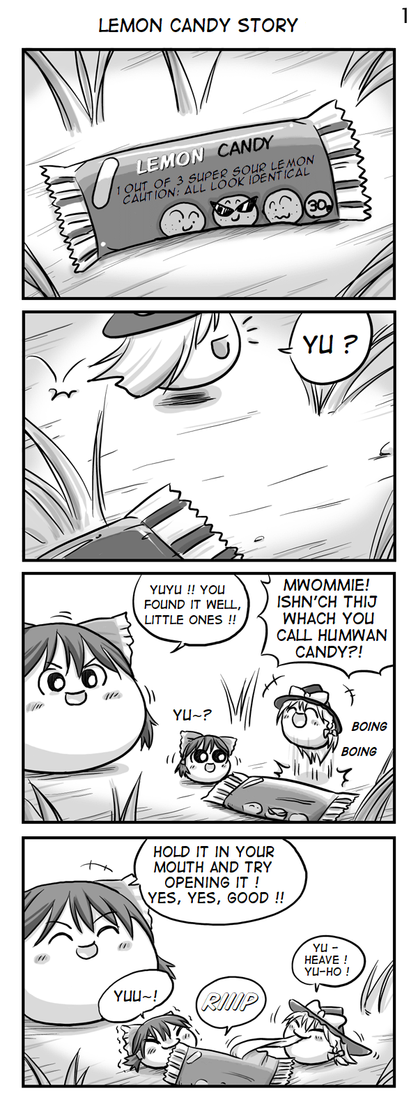 kiriraitaa, hakurei reimu, kirisame marisa, yukkuri marisa, yukkuri reimu, touhou, hard-translated, highres, third-party edit, translated, candy, comic, food, kamina shades, koyukkuri, monochrome, no humans, triangular eyewear, yukkuri shiteitte ne