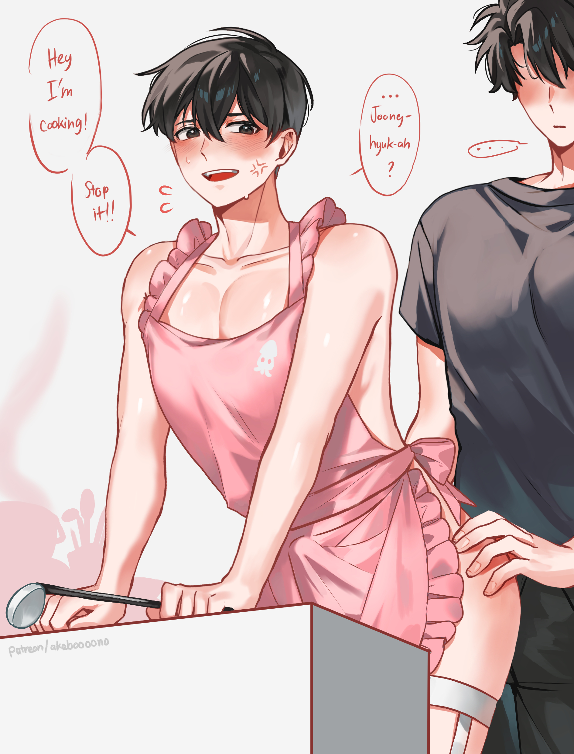 papercider, kim dokja, yoo joonghyuk, omniscient reader's viewpoint, absurdres, commentary, english commentary, highres, …, 2boys, anger vein, apron, arched back, black hair, black shirt, blush, character name, cowboy shot, english text, hand on another's ass, holding, holding ladle, kitchen, ladle, leaning forward, looking at another, looking back, male focus, multiple boys, pectorals, pink apron, revealing clothes, shirt, short hair, spoken ellipsis, sweatdrop, t-shirt, yaoi