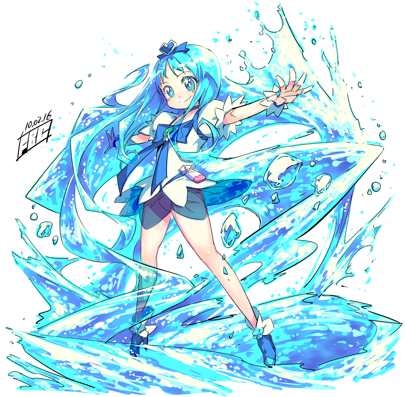 fbc, cure marine, kurumi erika, heartcatch precure!, precure, highres, 10s, 1girl, 2010, aqua hair, aqua theme, blue eyes, blue skirt, blue theme, brooch, dated, female focus, heart, heart brooch, jewelry, legs, long hair, magic, magical girl, skirt, smile, solo, water, white background