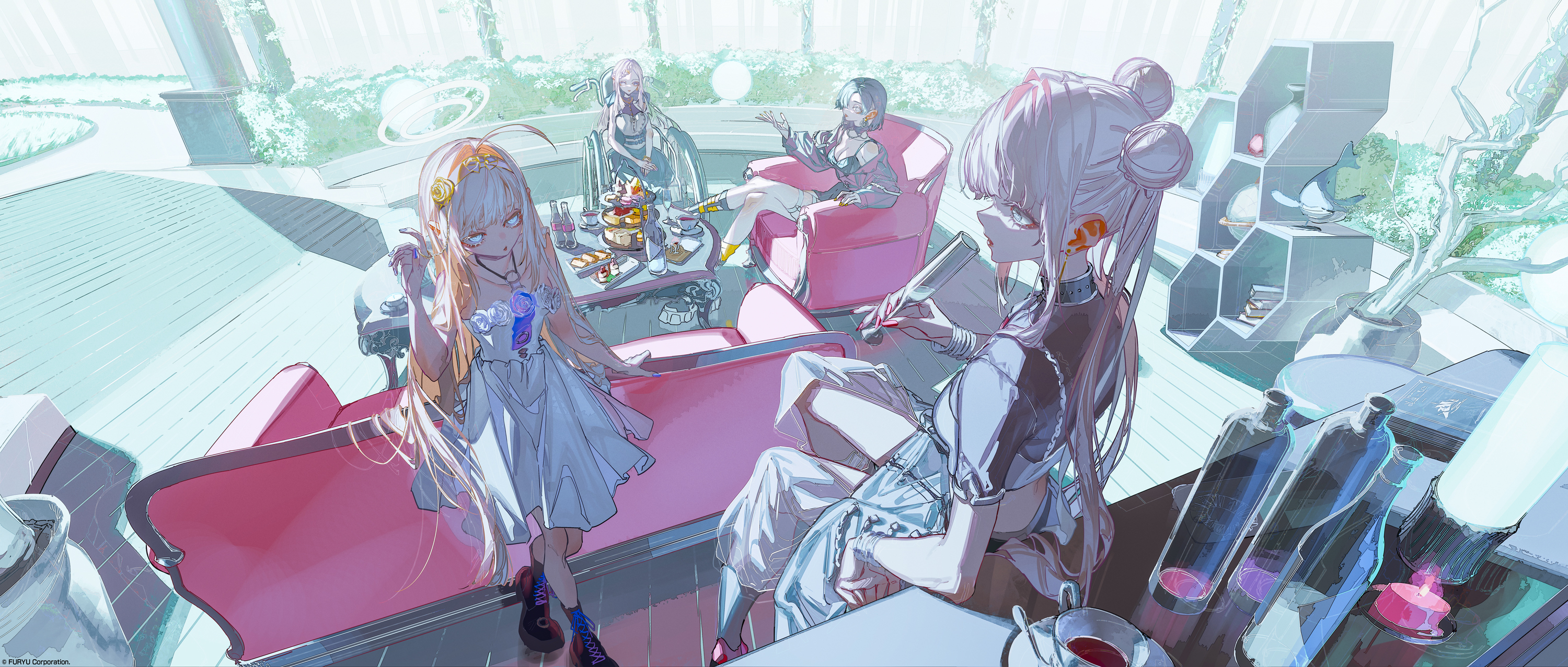 rolua, enoa (crymachina), leben distel (crymachina), crymachina, highres, official art, second-party source, 4girls, ahoge, ami shido (crymachina), bare arms, bare legs, bare shoulders, black hair, black shirt, black shoes, blonde hair, blue eyes, blue flower, blue nails, blue rose, bottle, bracelet, braid, couch, cup, double bun, double halo, dress, dress flower, flower, flower ornament, food, gold hairband, grey eyes, grey hair, hair bun, hairband, halo, holding, holding cup, jacket, jewelry, long hair, long sleeves, medium hair, mikoto sengiku (crymachina), multiple girls, on couch, pink hair, purple jacket, rose, shirt, shoes, short sleeves, side braid, table, thigh strap, twintails, very long hair, wheelchair, white dress, white flower, white rose