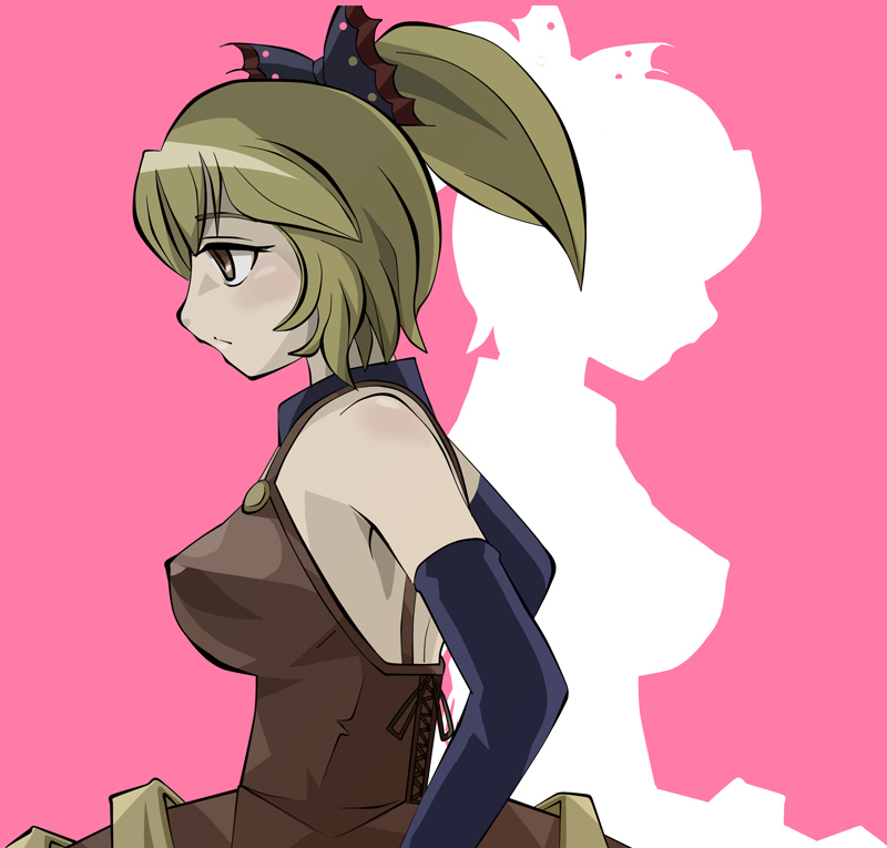 jade (jyade), jade (zbbc), kurodani yamame, the iron of yin and yang, touhou, 1girl, aged up, bare shoulders, blonde hair, bow, breasts, brown eyes, dress, elbow gloves, female focus, gloves, hair bow, hair up, large breasts, ponytail, short hair, solo