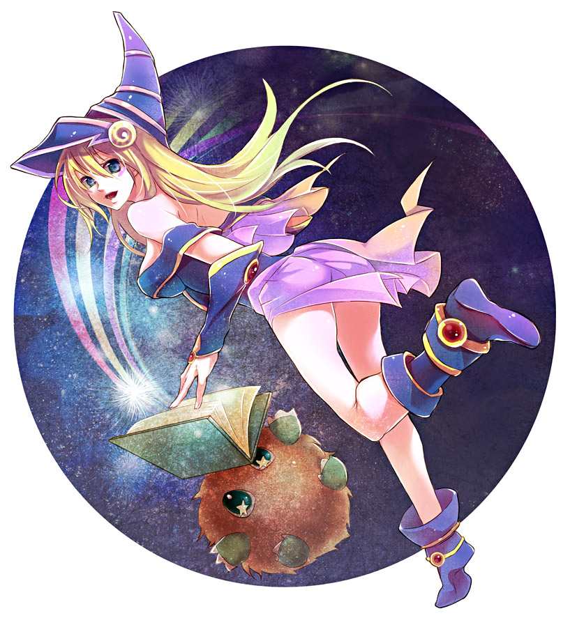 wakkoro, wakkoro (pixiv466018), dark magician girl, kuriboh, yu-gi-oh!, yu-gi-oh! duel monsters, yuu-gi-ou, blue footwear, 1girl, back, bare shoulders, blonde hair, blue eyes, book, boots, detached sleeves, duel monster, floating book, floating object, hat, long hair, looking back, skirt, witch hat, wizard hat