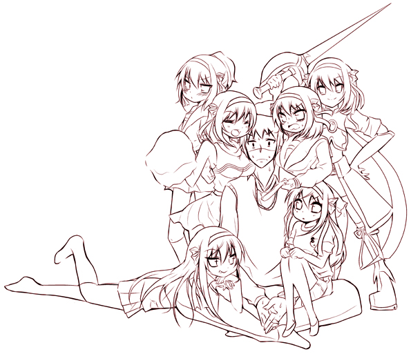 pokurouta, kyon, superheroine haruhi, suzumiya haruhi, suzumiya haruhi (young), suzumiya haruhi no shoushitsu, suzumiya haruhi no tomadoi, suzumiya haruhi no yuuutsu, bad id, bad pixiv id, 10s, 1boy, 6+girls, aged down, alternate costume, alternate hairstyle, cheerleader, harem, kouyouen academy school uniform, long hair, monochrome, multiple girls, multiple persona, official alternate hair length, official alternate hairstyle, purple theme, school uniform, serafuku, short hair, simple background, time paradox, warrior, white background