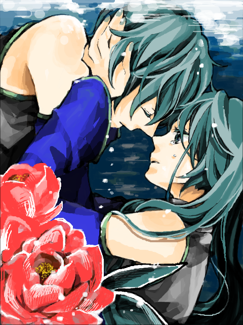 rikuko, hatsune miku, hatsune mikuo, vocaloid, bad id, bad pixiv id, 1boy, 1girl, closed eyes, flower, genderswap, genderswap (ftm), long hair, short hair, tears
