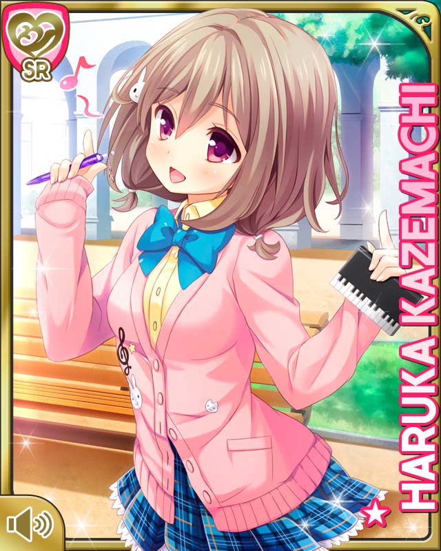 qp:flapper, kazemachi haruka, girlfriend (kari), official art, 1girl, :d, blue bow, blue bowtie, blue skirt, bow, bowtie, brown hair, card (medium), cardigan, character name, eighth note, hair ornament, holding, holding notebook, holding pen, miniskirt, musical note, notebook, open mouth, partially open cardigan, pen, pink cardigan, plaid clothes, plaid skirt, pleated skirt, purple eyes, rabbit hair ornament, school uniform, shirt, skirt, smile, solo, standing, treble clef, yellow shirt