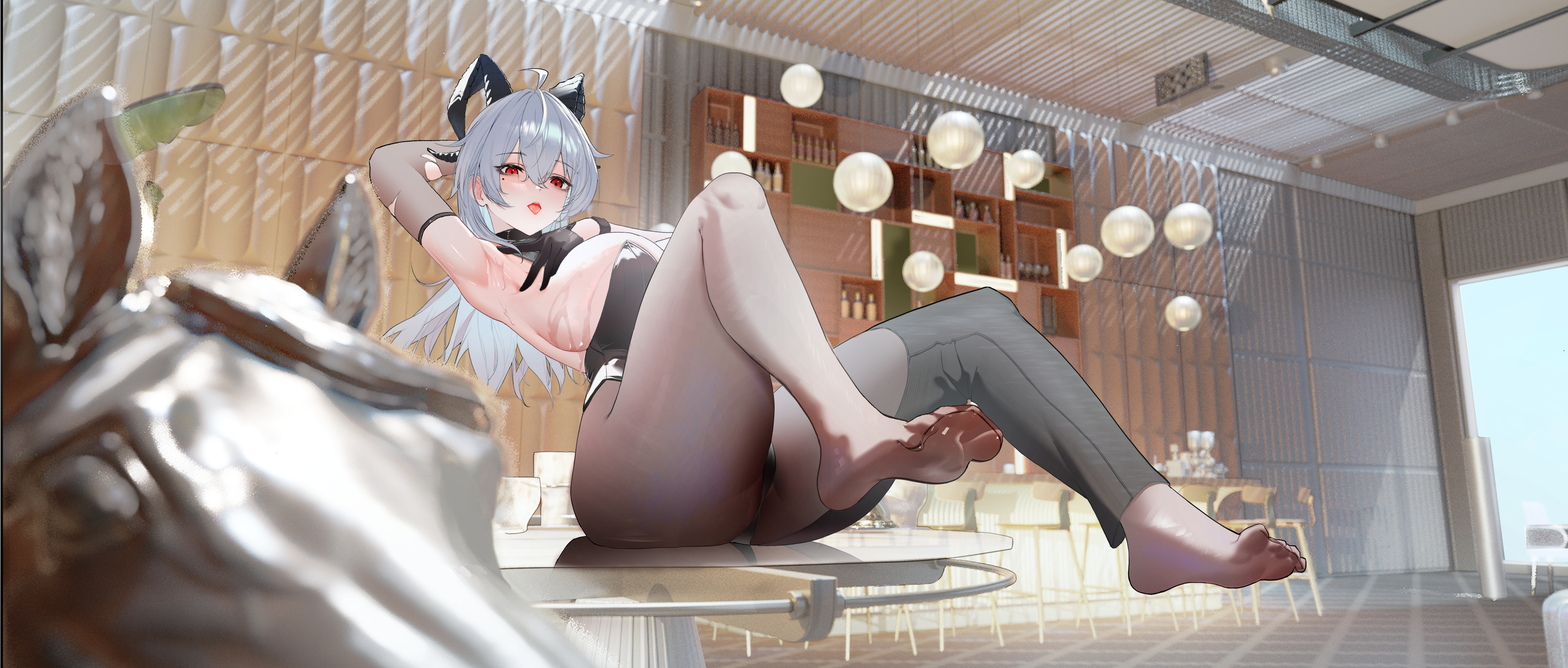 hezhi go, zani (wuthering waves), wuthering waves, absurdres, highres, 1girl, breasts, feet, grey hair, horns, large breasts, leotard, long hair, looking at viewer, mole, mole under eye, open mouth, pantyhose, red eyes, soles, toes, tongue, tongue out