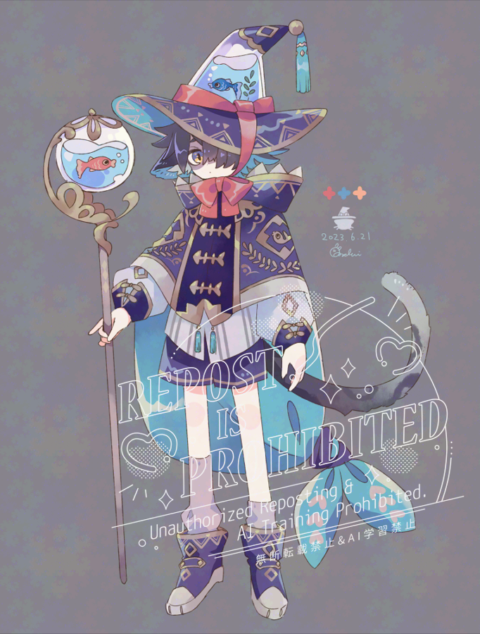 mochimura sorata, original, commentary request, 1boy, black hair, blue hair, boots, bow, bowtie, cat boy, cat tail, closed mouth, colored inner hair, dated, fish, fishbowl, full body, grey background, grey socks, hair over one eye, hat, hat bow, holding, holding staff, long sleeves, male focus, multicolored hair, purple boots, purple hat, purple shirt, purple shorts, red bow, red bowtie, shirt, short hair, shorts, signature, socks, solo, staff, standing, tail, two-tone hair, watermark, witch hat, yellow eyes