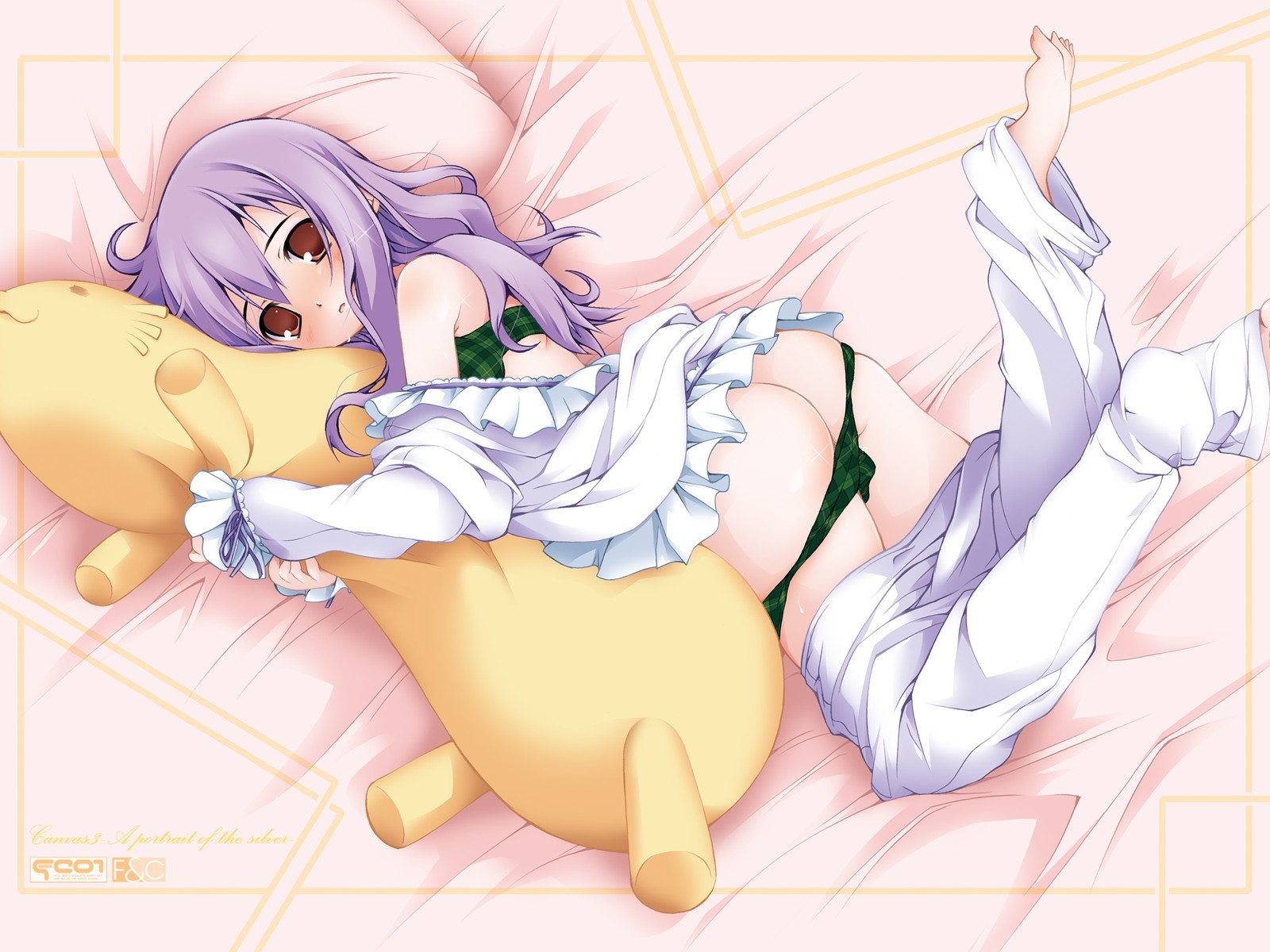 kagura takeshi, yamabuki renge (canvas 3), canvas (cocktail soft), canvas 3, bad id, bad yandere id, highres, 1girl, ass, barefoot, bra, clothes pull, female focus, green bra, green panties, lingerie, lying, pajamas, panties, pants, pants pull, panty pull, plaid bra, plaid clothes, plaid panties, purple hair, solo, underwear