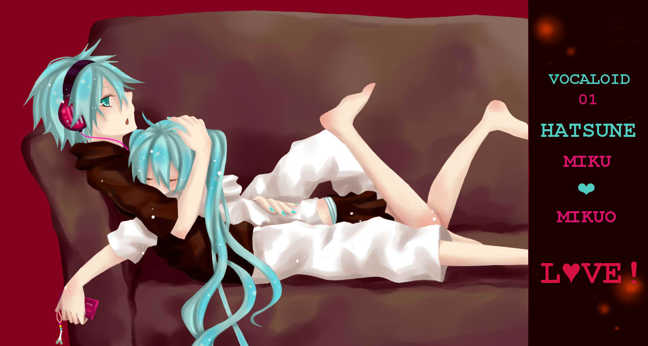 hatsune miku, hatsune mikuo, vocaloid, artist request, bad id, bad pixiv id, gender request, 1boy, 1girl, closed eyes, genderswap, headphones, long hair, lying, short hair