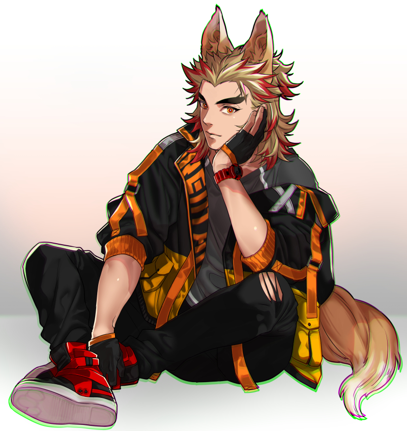 hashimoto (yanagi-momo), rengoku kyoujurou, kimetsu no yaiba, commentary request, 1boy, alternate costume, animal ears, black gloves, black jacket, black pants, blonde hair, closed mouth, contemporary, dog boy, dog ears, dog tail, forked eyebrows, full body, gloves, gradient background, grey shirt, hand on own cheek, hand on own face, head rest, indian style, jacket, kemonomimi mode, long hair, long sleeves, looking at viewer, male focus, medium hair, multicolored eyes, multicolored hair, multicolored jacket, open clothes, open jacket, pants, partially fingerless gloves, red eyes, red hair, red shoes, shirt, shoes, simple background, sitting, sleeves rolled up, sneakers, solo, streaked hair, tail, thick eyebrows, torn clothes, torn pants, two-tone hair, watch, wristwatch, yellow eyes