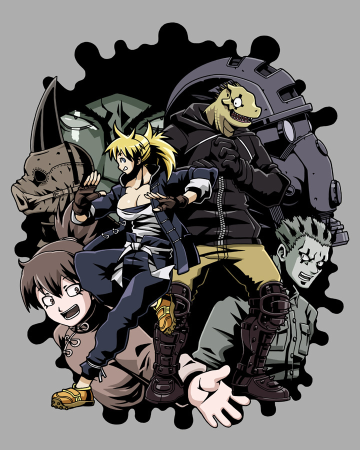 aikawa you, k kumahachi, aikawa (dorohedoro), caiman (dorohedoro), kai (dorohedoro), kawajiri, nikaidou (dorohedoro), risu (dorohedoro), yakumo (dorohedoro), dorohedoro, 2girls, 4boys, blonde hair, blue eyes, fighting stance, fingerless gloves, gloves, lizard, mask, multiple boys, multiple girls, open mouth, sharp teeth, shoes, simple background, smile, sneakers, tattoo, teeth
