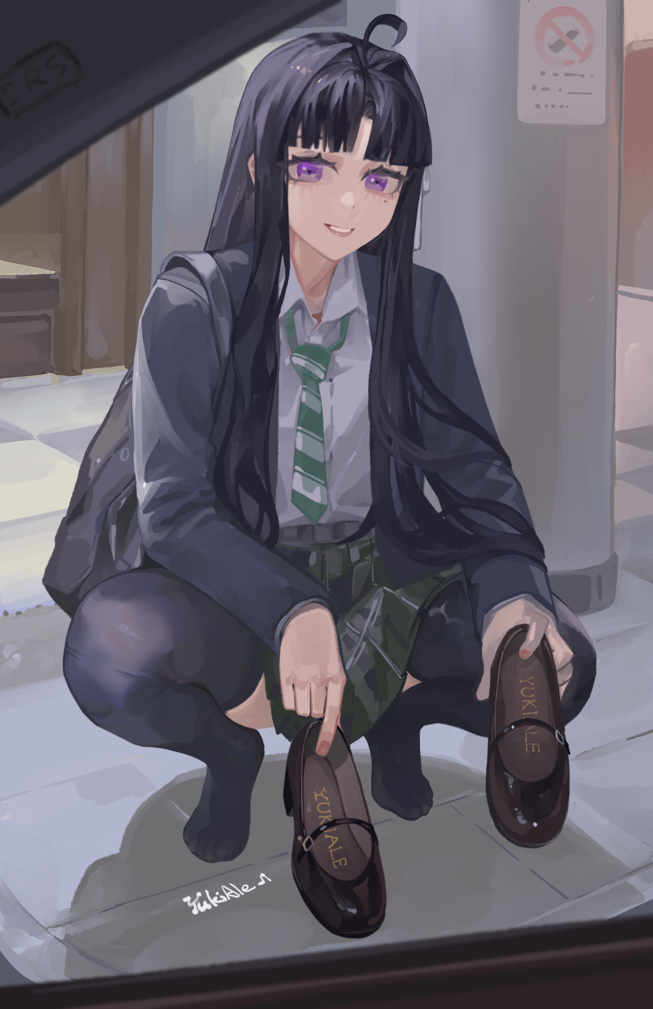 yukiale, awa subaru, girls band cry, absurdres, highres, 1girl, black hair, feet, holding, holding shoes, holding unworn clothes, long hair, looking at viewer, mole, mole under eye, parted lips, purple eyes, see-through clothes, see-through legwear, shoes, smile, squatting, thighhighs, toes, unworn shoes