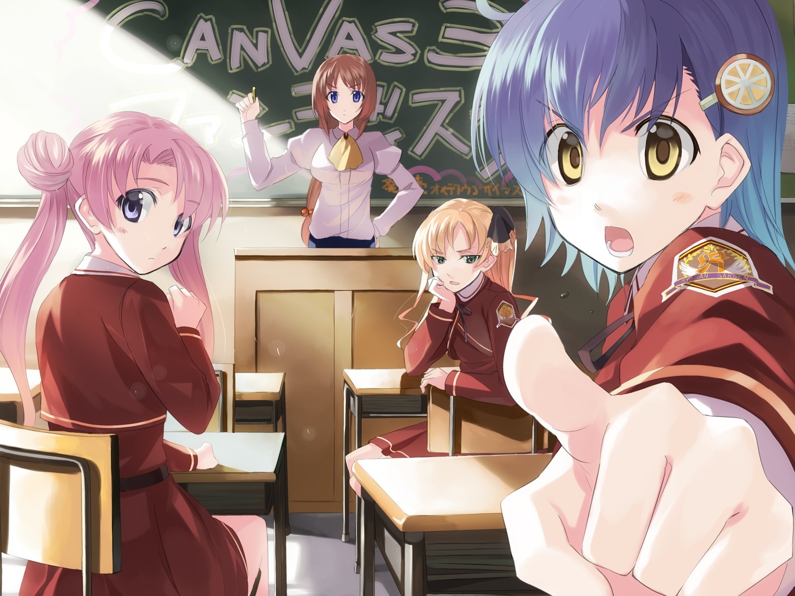 kabocha, kabocha (monkey4), akebi yusa, asato rina, chigusa nanami, nagahashi ryou, canvas (cocktail soft), canvas 3, bad id, bad yandere id, highres, >:o, 4girls, :o, blonde hair, blue hair, chalkboard, classroom, desk, double bun, foreshortening, hair bun, indoors, looking back, multiple girls, open mouth, pink hair, pointing, pointing at viewer, school, school desk, school uniform, sitting, twintails, v-shaped eyebrows