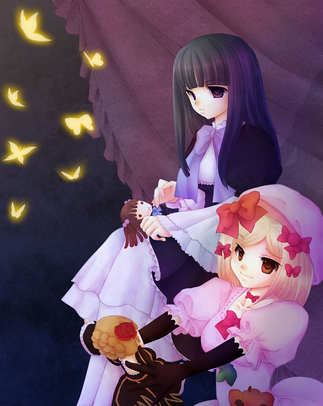 beatrice (umineko), frederica bernkastel, lambdadelta, ushiromiya ange, umineko no naku koro ni, beret, blonde hair, blue hair, bow, doll, dress, elbow gloves, gloves, hat, long hair, pink dress, purple eyes, red eyes, ribbon, sitting, smile