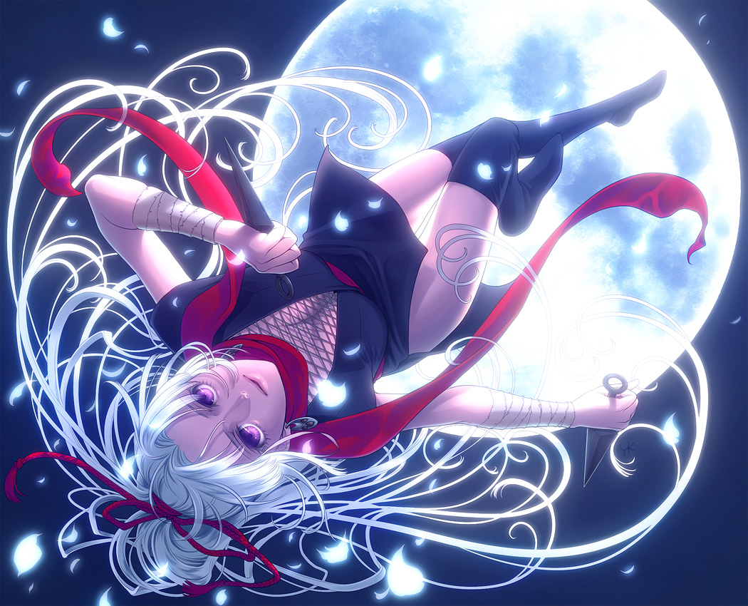 kayu, original, 1girl, arm wrap, bandages, breasts, cleavage, dual wielding, female focus, fishnets, full body, full moon, holding, kunai, large breasts, legs, lips, long hair, moon, night, ninja, outdoors, petals, pink eyes, purple eyes, red scarf, scarf, sky, solo, thighhighs, upside-down, weapon, white hair