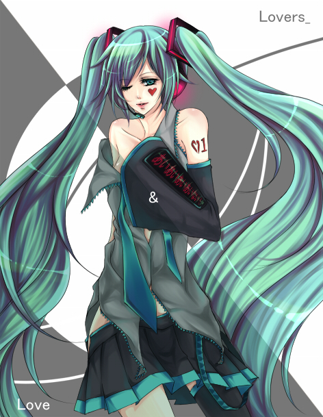 nai, zukiyuki, hatsune miku, ura-omote lovers (vocaloid), vocaloid, bad id, bad pixiv id, 1girl, clothes pull, detached sleeves, female focus, headphones, heart, long hair, off shoulder, one eye closed, open clothes, open shirt, shirt, skirt, skirt pull, solo, thighhighs, twintails, very long hair, wink