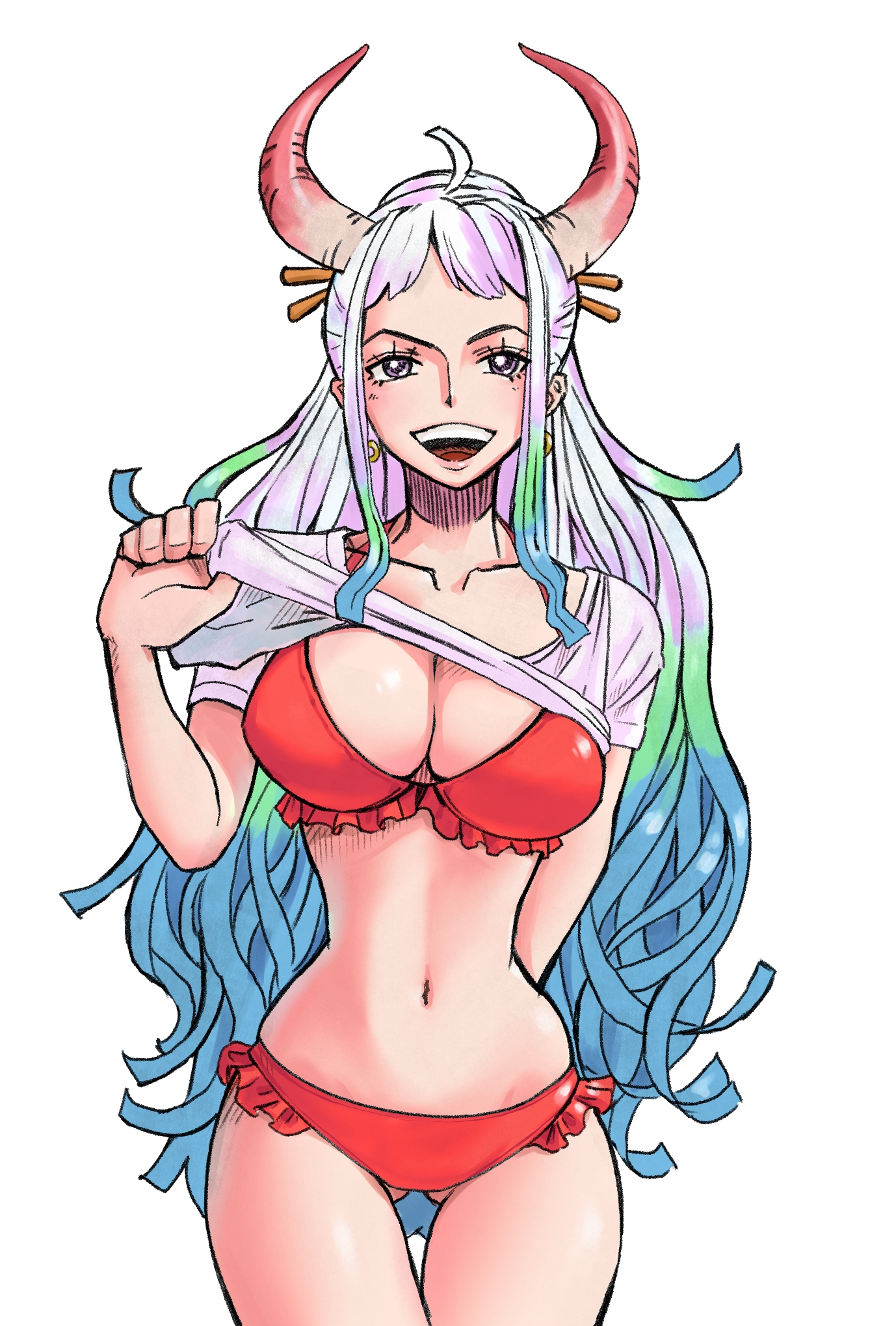 osakana oekaki, yamato (one piece), one piece, commentary request, highres, 1girl, :d, bikini, blue hair, breasts, cleavage, clothes lift, collarbone, curved horns, earrings, gluteal fold, gradient hair, green hair, hair ornament, hair stick, horns, jewelry, large breasts, looking at viewer, midriff, multicolored hair, navel, open mouth, purple eyes, red bikini, red horns, shirt, shirt lift, simple background, smile, solo, swimsuit, t-shirt, thigh gap, white background, white hair, white shirt