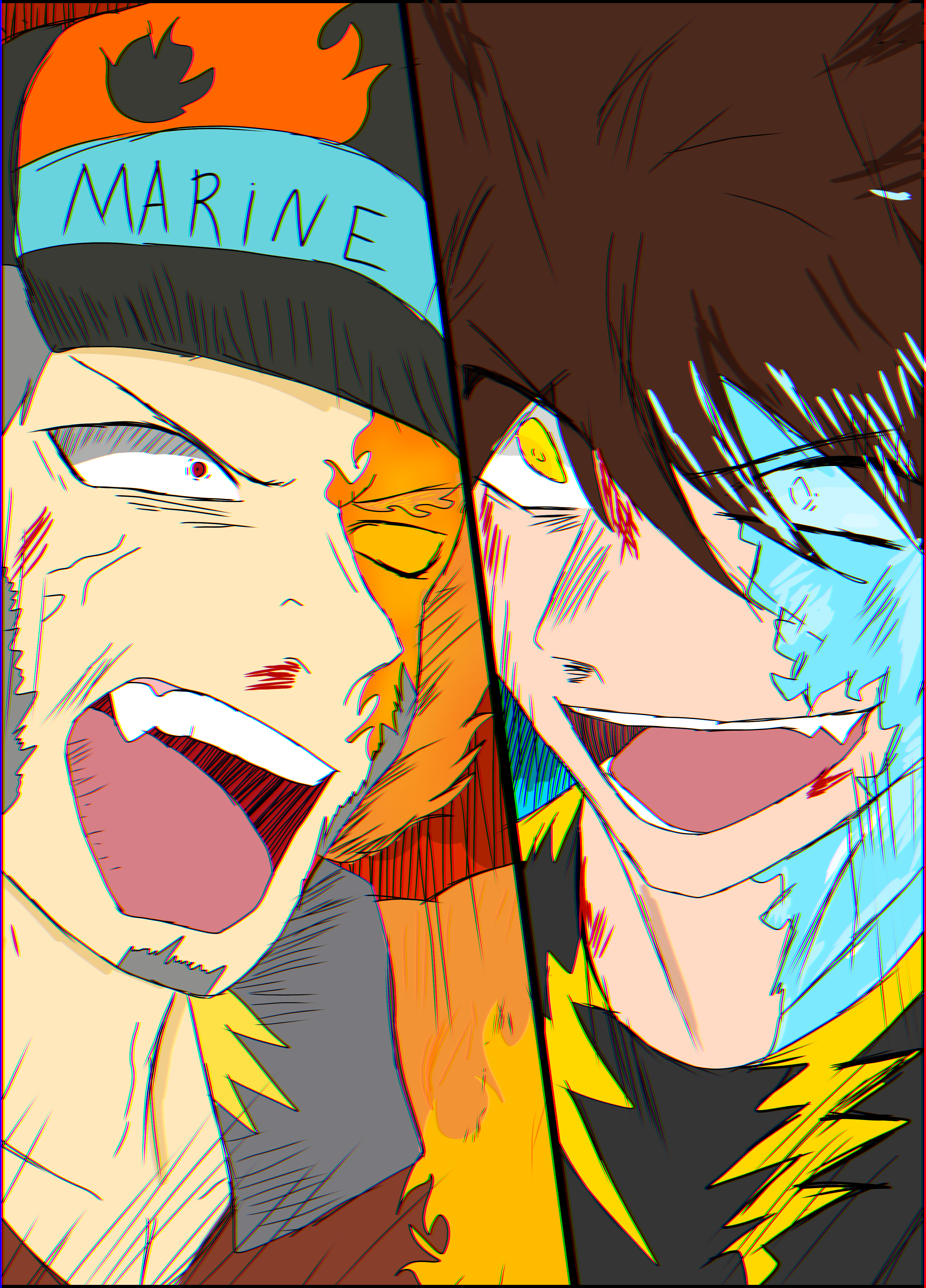 one piece, absurdres, artist request, character request, highres, non-web source, source request, battle, fire, ice, screaming