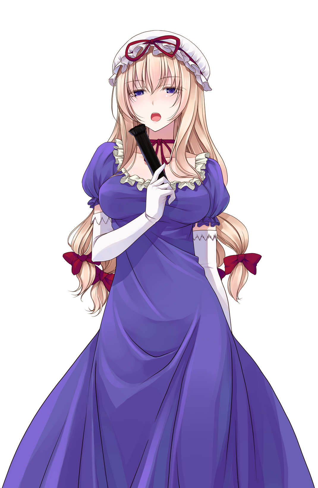 crote, yakumo yukari, touhou, commentary request, highres, large variant set, variant set, 1girl, blonde hair, bow, breasts, choker, collarbone, cowboy shot, dress, elbow gloves, folding fan, frilled dress, frilled sleeves, frills, gloves, hair bow, half-closed eyes, hand fan, hand up, hat, hat ribbon, long dress, long hair, looking at viewer, medium breasts, mob cap, multiple hair bows, open mouth, puffy short sleeves, puffy sleeves, purple dress, purple eyes, red bow, red ribbon, ribbon, ribbon choker, short sleeves, smile, solo, tachi-e, teeth, transparent background, upper teeth only, white gloves, white hat