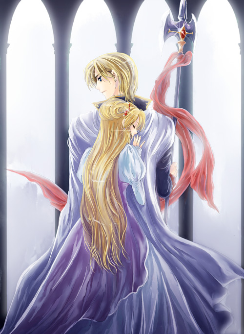 nakamasomo, camus (fire emblem), nyna (fire emblem), fire emblem, fire emblem: mystery of the emblem, nintendo, blonde hair, closed eyes, dress, long hair, polearm, spear, weapon