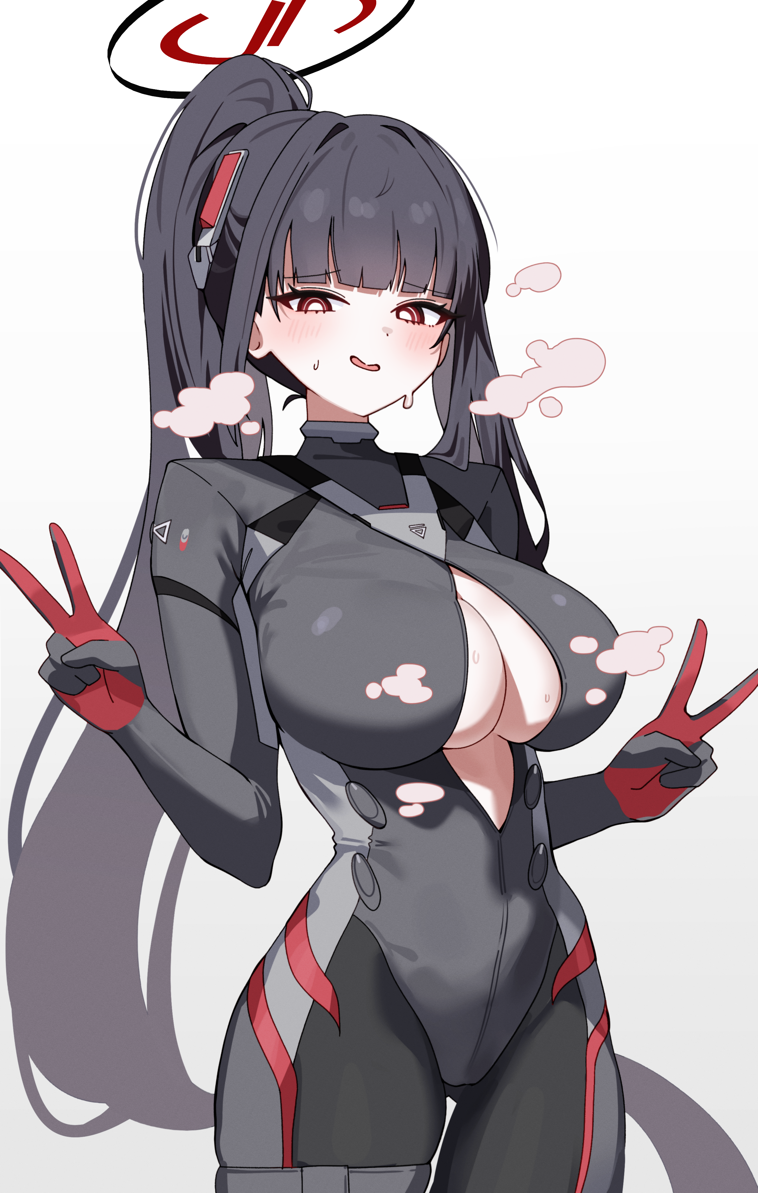 tay (cdjk7758), rio (blue archive), rio (bodysuit) (blue archive), blue archive, absurdres, commentary request, highres, korean commentary, 1girl, black bodysuit, black hair, black halo, bodysuit, breasts, bright pupils, double v, halo, latex, latex bodysuit, long hair, multicolored halo, official alternate costume, official alternate hairstyle, ponytail, red eyes, ringed eyes, simple background, skin tight, solo, sweat, torn bodysuit, torn clothes, two-tone halo, v, white background, white pupils