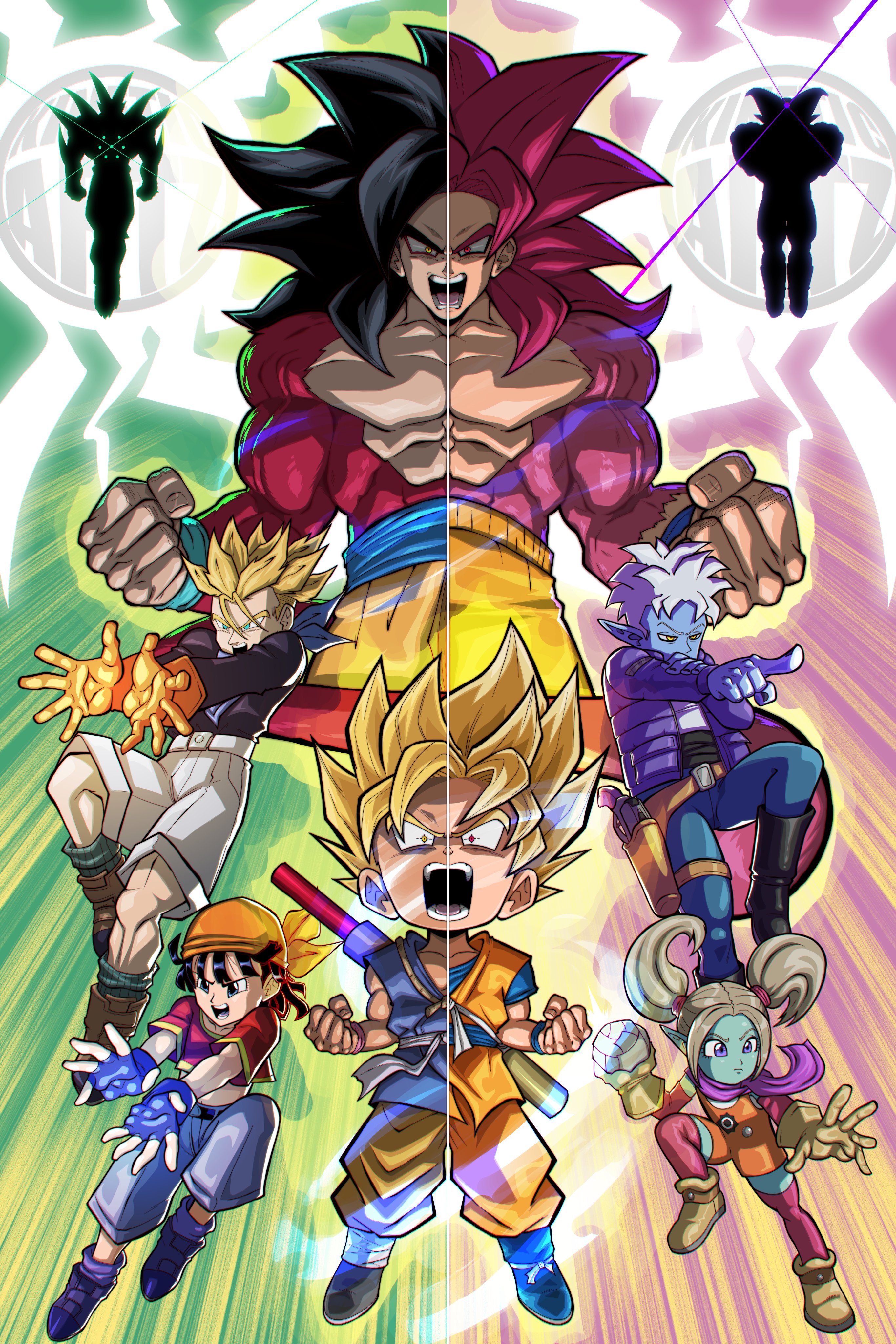 glorio (dragon ball), gomah (dragon ball), omega shenron, pan (dragon ball), pansy (dragon ball daima), son goku, trunks (dragon ball), dragon ball, dragon ball daima, dragon ball gt, absurdres, commentary, english commentary, highres, bandana, belt, black hair, blonde hair, blue skin, brown hair, colored skin, crossover, gloves, green background, green skin, kineticartz, long hair, open mouth, pointing, pointy ears, red background, red fur, red hair, side-by-side, silhouette, sparkle, sparkling aura, super saiyan, super saiyan 4, twintails, white hair