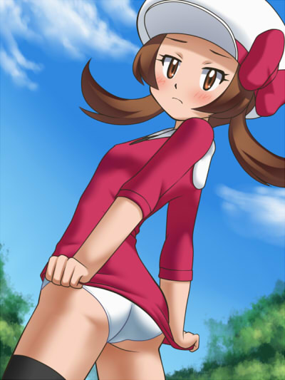 awa, lyra (pokemon), nintendo, pokemon, pokemon hgss, 00s, 1girl, ass, blush, bottomless, brown eyes, brown hair, female focus, frown, hat, hat ribbon, loli, looking back, no pants, panties, pantyshot, red ribbon, ribbon, shirt tug, solo, standing, thighhighs, twintails, underwear, white panties