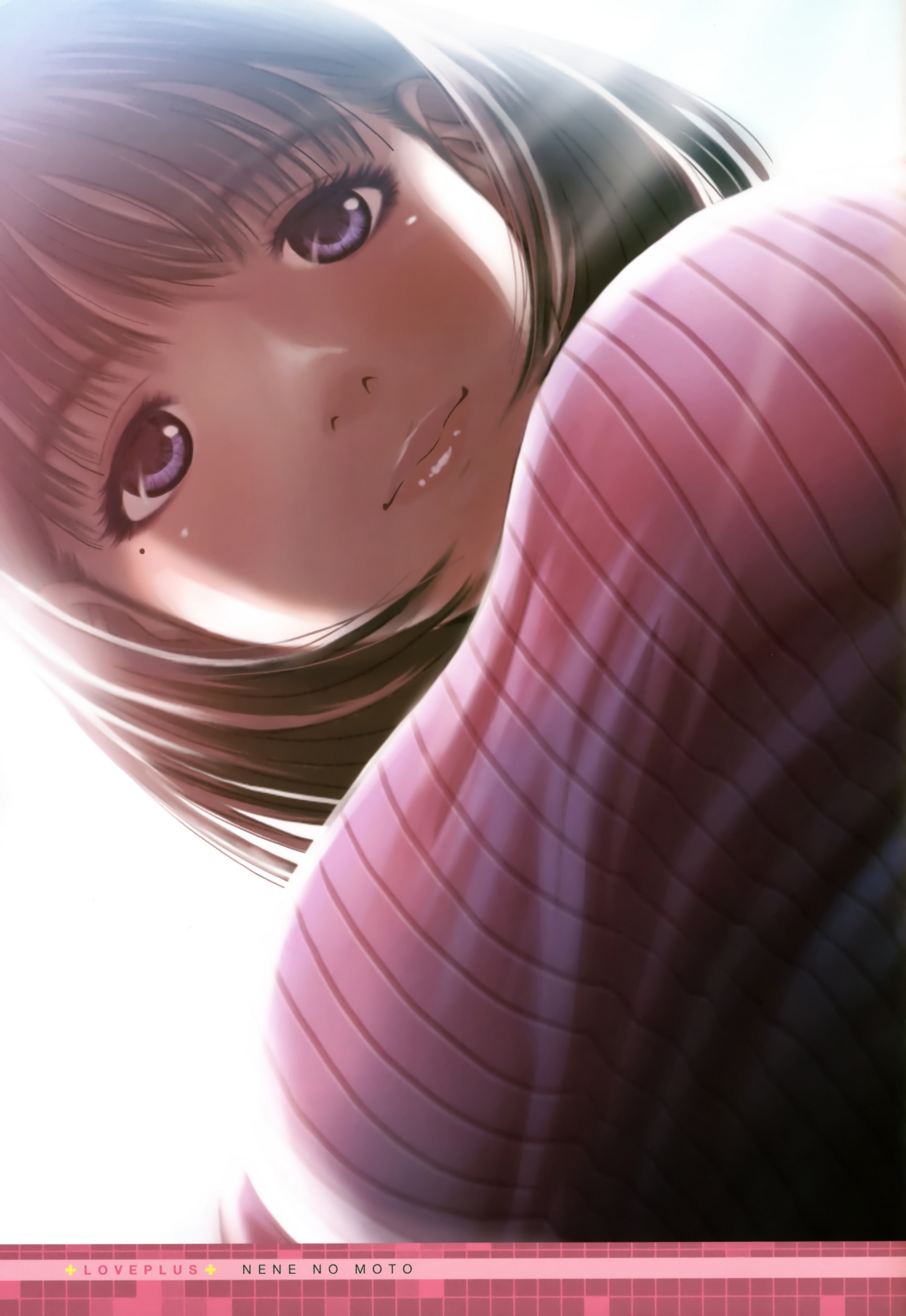 mino tarou, anegasaki nene, love plus, absurdres, highres, 1girl, breasts, brown hair, female focus, from below, large breasts, lips, mole, mole under eye, solo, sweater