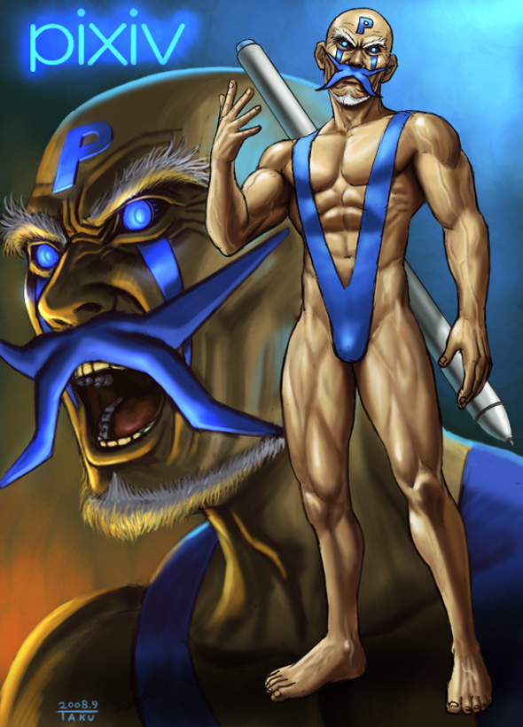 matataku, pixiv-tan, pixiv, bald, barefoot, beard, blue eyes, facial hair, male focus, manly, muscular, old, old man, pen, slingshot swimsuit, swimsuit